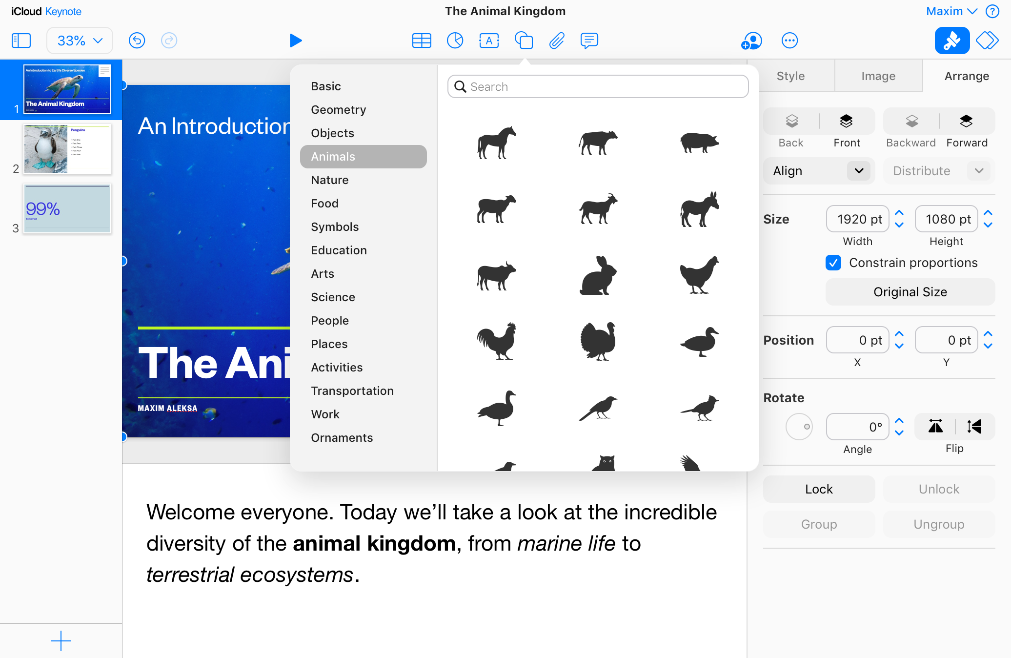 Keynote on iCloud.com with the shape library open and the Arrange inspector