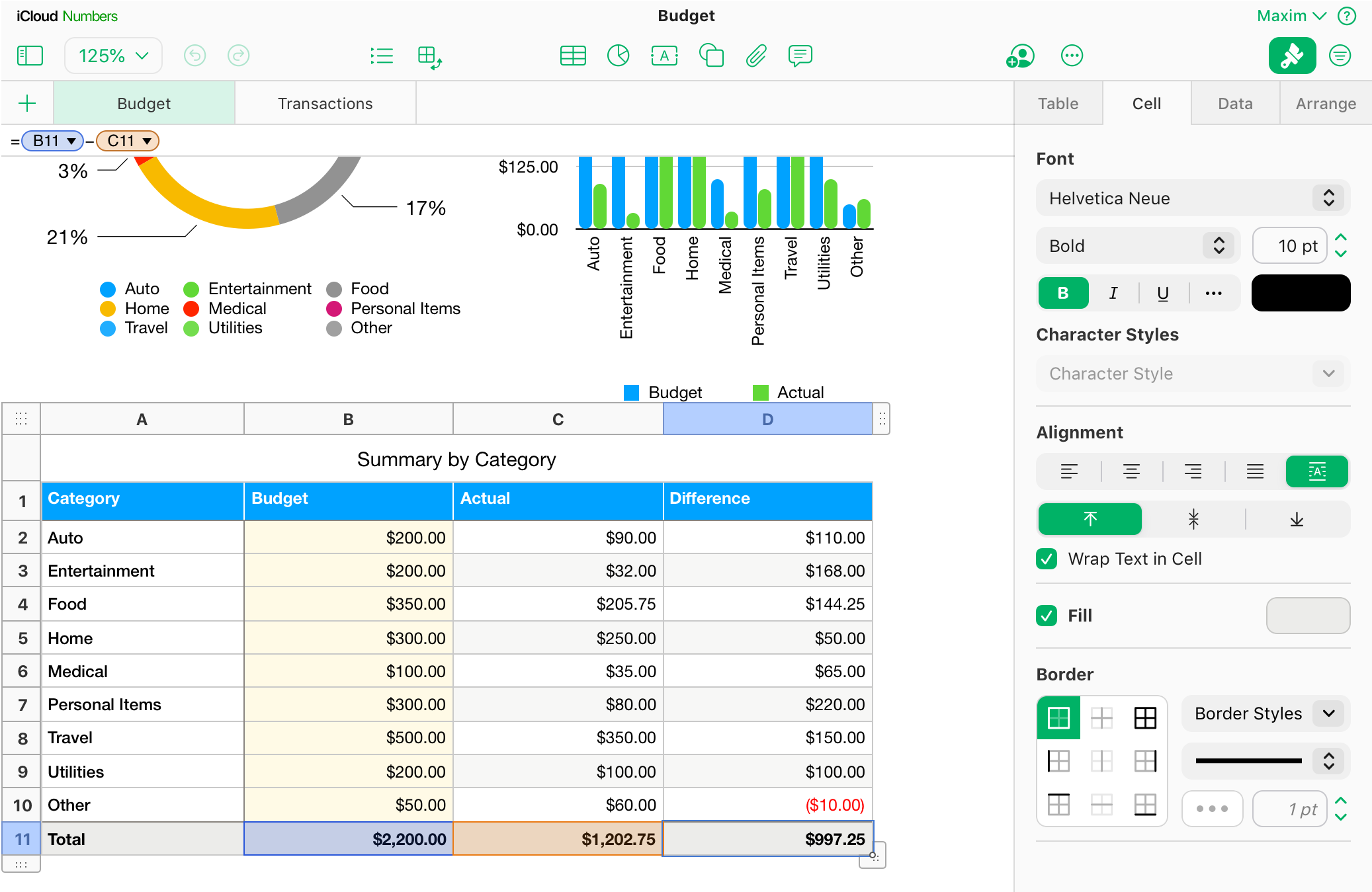 The redesigned Cell inspector in Numbers on iCloud.com — font, alignment and border controls