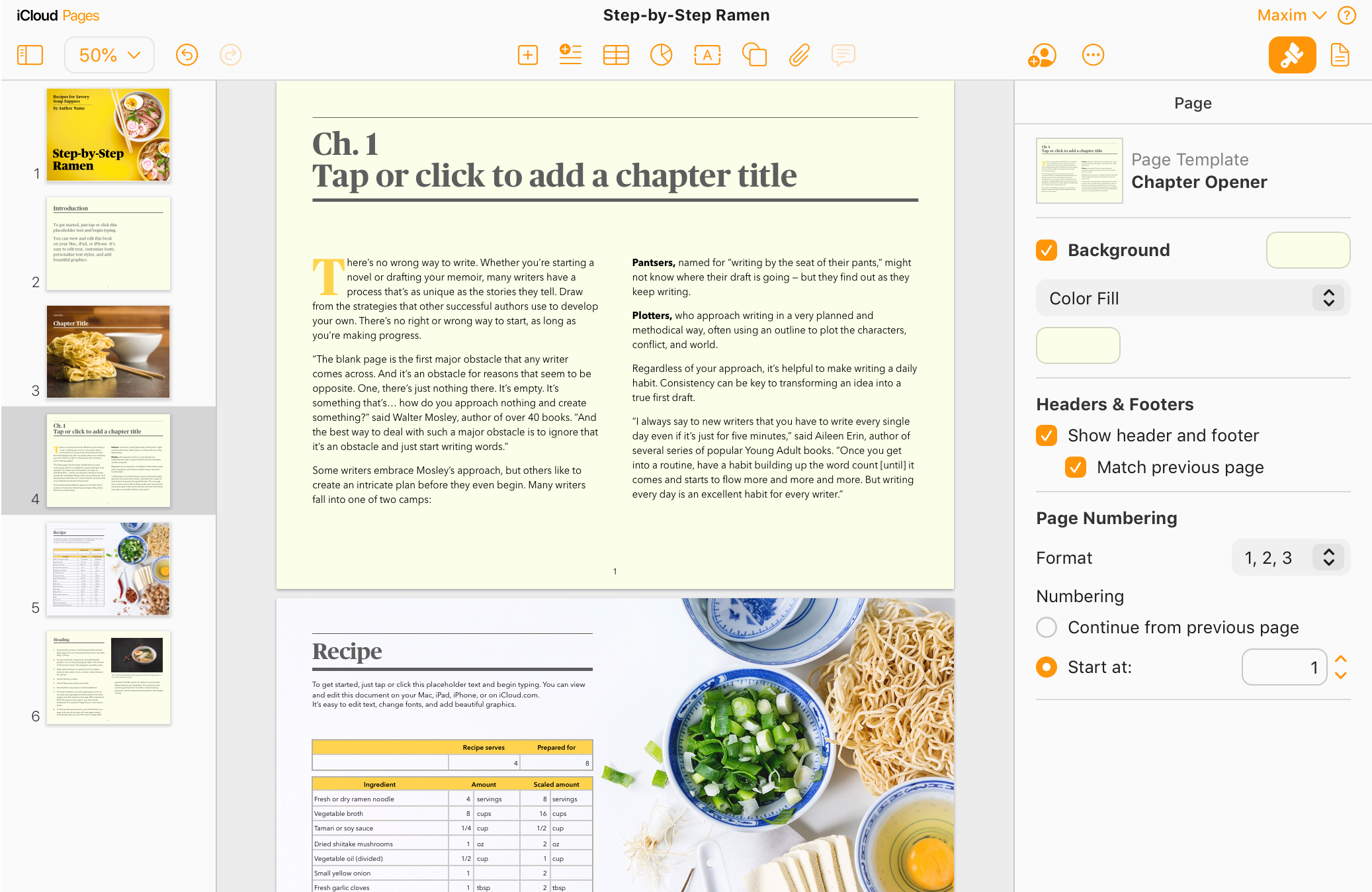 The Page inspector in Pages on iCloud.com — background, headers and footers, and page numbering