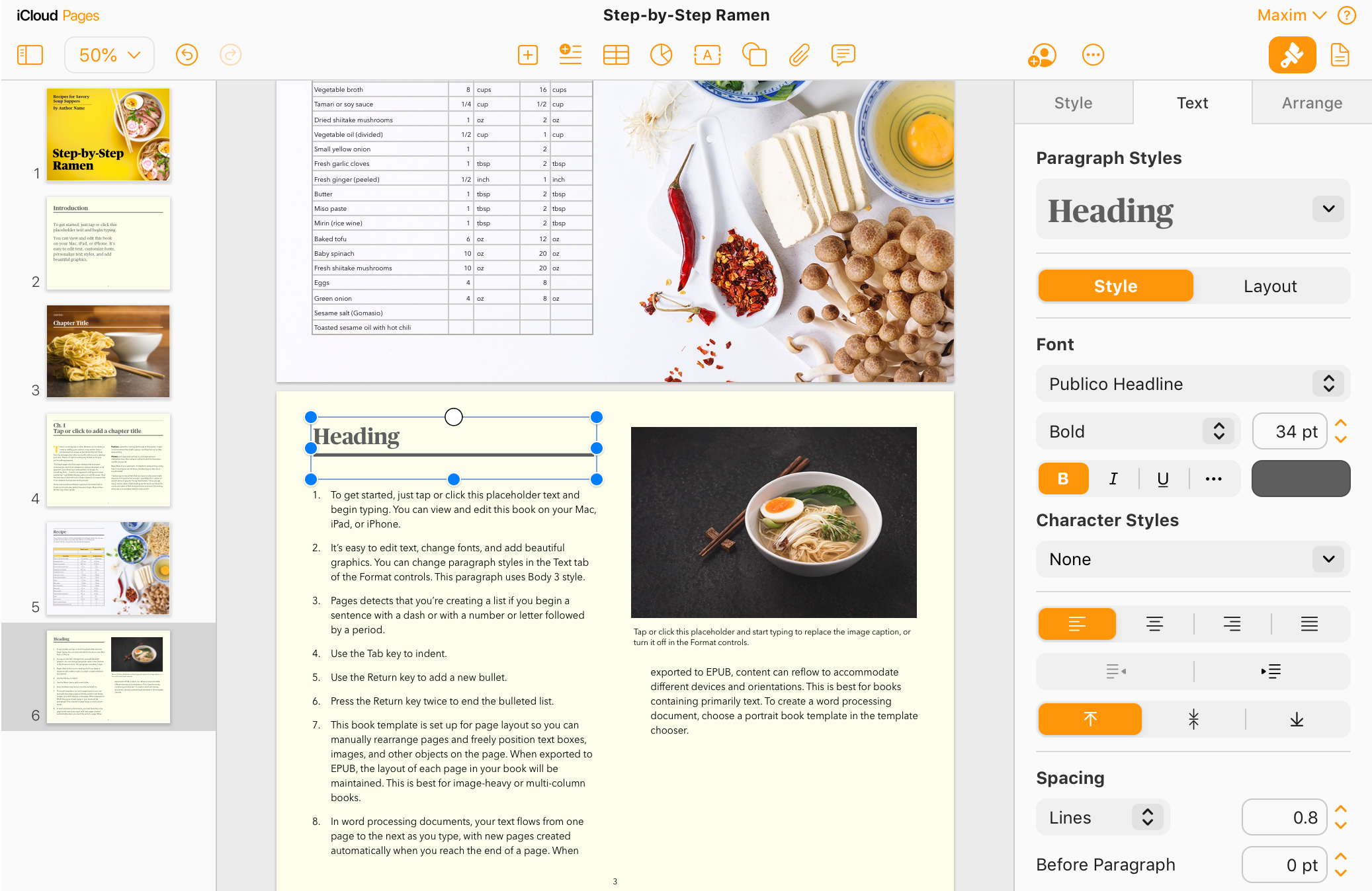 The redesigned Text inspector in Pages on iCloud.com — paragraph styles, font and spacing
