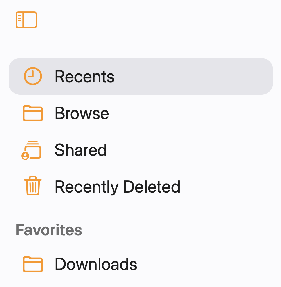 The iCloud.com sidebar — Recents, Browse, Shared and Recently Deleted — built from the shared UI component library and SF Symbols